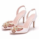 Brautschuhe Damen,Damen Tanzschuhe,Hochzeitsschuhe,9Cm Stiletto Spitze High Heels,Bogen Strass Sandalen,Bankett Abschlussball Kleid Plus Size Schuhe,Weiß,38 EU