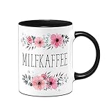 Tassenbrennerei Tasse mit Spruch Milfkaffee - Blümchen Kaffeetasse lusitg (Schwarz)