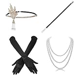 Knowing Damen Accessoires Stirnband Halskette Handschuhe Zigarettenhalter Set Für Party Kleider Damen Kostüm Accessoires (Schwarz)…