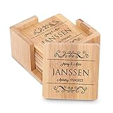 Maverton 6er Untersetzer Set mit Gravur - personalisiert - aus Bambus - mit Halter - Geschenke für Paare - Hochzeitsgeschenke - Geschenkidee für Duos - Naturfarbe - Dek
