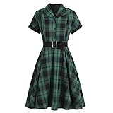 IFOUNDYOU Kleid Damen Elegant Plaid Rockabilly Kleider mit Gürtel Knopf Revers Stretch Freizeitkleider Winter Kurzarm Damenkleid Business Retro Blusenkleid Hohe Taille Hepburn Abendkleid Partyk