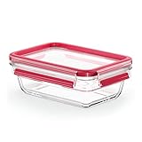 Emsa N10406 Clip & Close Glas Frischhaltedose | 0,7 L | stapelbar | gefrierfest | backofenfest | mikrowellenfest | rutschfestes Stapeln | 100% dicht | spülmaschinenfest | Transparent/R