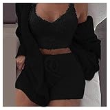 GMRZ Frauen Fuzzy Pyjamas Set, Sexy Fleece 3 Stück Outfits Trainingsanzug Soft Open Front Cardigan Und Kurze Hose Lounge-Sets,Black 1,M