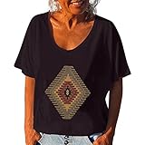 Briskorry Ethno Stil T-Shirt Frauen Sommer Tops Vintage Motiv Pullover Kurzarm V-Ausschnitt Tunika B