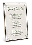 TypeStoff Holzschild mit Spruch – DREI WÜNSCHE – im Vintage-Look mit Zitat als Geschenk und Dekoration zum Thema Gelassenheit, Kraft und Weisheit (19,5 x 28,2 cm)