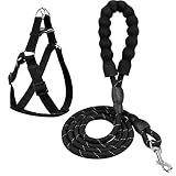 Pinsheng Hundeleine mit Geschirr 150cm x 1.2 cm Schleppleine mit Weichem Griff & Reflektoren, Nylon-Webart Runde Führleine für Kleine, Mittlere & Große Hunde, Schwarz (L)