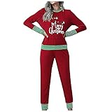 Damen Langarm Herbst Winter Casual Mantel Oberteile Elegant Langarmshirt Casual Lose Frohe Weihnachten und Happy New Print Karierter Druck Langarm Hosenanzug Lässig Weihnachten Hosenanzug