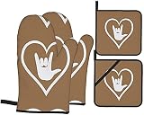 Ofenhandschuh und Topflappen Set Hitzebeständige Topfhandschuhe Baumwolle Hitzebeständige rutschfeste Backhandschuhe für die Küche die Kochen Backen BBQ (Zeichen der Herzklappe)
