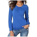 Masrin Damen Tops Spring Solid Color Plissee Stretch Shirt Lässig Langarm O-Ausschnitt All-Match Tunika Bluse(L,Blau)