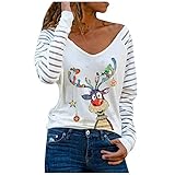 BLIBUNALA Weihnachts-T-Shirts für Damen, Weihnachts-Elch-Druck, langärmelig, Rundhalsausschnitt, lockere Passform, Weihnachts-T-Shirt, bedruckt, Xmas49#White, M