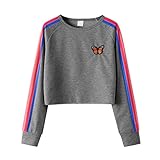 Zofedap Langarmshirts für Damen Pulli Piebo Frauen Teenager Mädchen Bauchfrei Kapuzenpullover Rundhals Schmetterlingsdruck Gestreifte Langarm Kurz Hoodie Sweatshirt Crop Pullover Crop Tops Bluse Top