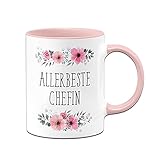 Tassenbrennerei Original - Tasse mit Spruch Allerbeste Chefin mit Blümchen als Geschenk zum Dank, Abschied (Rosa, Chefin)