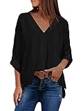 Alleen Damen Chiffon Bluse Lose Einfarbige Oberteile V Ausschnitt Langarmshirt (M, Schwarz)