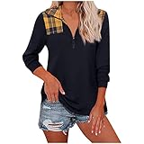 Orgrul Damen Langarm Tops Plaid Patchwork Herbst Winter Casual Zipper T-Shirt Umlegekragen Pulllove Sweashirt Bluse (XL, Gelb)