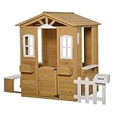 Outsunny Kinderspielhaus mit Fenster Briefkasten Outdoor Gartenspielhaus mit Blumentopfrack Zaun Bank Holzspielhaus Tannenholz Natur+Weiß 204 x 107 x 140