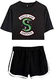 OLIPHEE Damen Kurzarm T-Shirts + Kurze Hose Sets Sport Streetwear Bekleidungsets mit Riverdale Southside Serpents Druck Schwarz Schwarz M