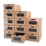 WALL QMER Schuhbox, große Größe, wasserfester Karton (35,1 x 23,6 x 13,5 cm), strapazierfähige, stapelbare, stabile Aufbewahrungsboxen mit Markierungsetiketten, tansparentes Fenster, 12 Stück