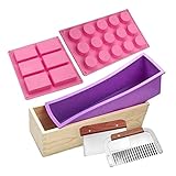 joyMerit Silikon Seifenform mit Holzkasten Kit Flexible 6 Hohlraum 15 Hohlraum Kuchenform, Edelstahl Wellenförmiger Gerader Schaber Seifenschneider Slicer fü