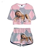 Ariana Grande Digitaldruck T-Shirts Damen Rundhals Kurzarm Shorts Anzug Für Frauen Modesommer T-Shirt Ausgesetzt Nabel (Orange,S)