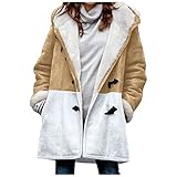 Calvinbi Damen Winter Warm Übergröße Kapuzenpullover Spleißen Plus Samt Hupenknopf Tasche Mantel Top