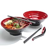 2 Sets (6 Stück) Ramen Schüssel Set, Füllmenge 1032 ml Japanische Suppe Schüssel mit Löffel und Essstäbchen, für Pasta Udon Asiatische Nudeln, Rot Schwarz G