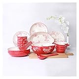 DHCZZRS774 Teller 28-stück Haushaltsplatten Set & Gerichte Set Hohe Qualität Keramik Geschirr Set Red Matte Porzellan Dinner Plate Sets, Service für 6 Kleiner T