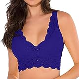 YJING Damen BH Spitze Bralette Bustier Sexy Crop Top BH ohne Bügel Comfort Bra V-Ausschnitt Jeden Tag BHS für Frauen V-Ausschnitt Dessous mit Strumpfhaltern Wirefree Yoga Cami(13-Blau,L)