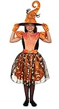 Magicoo Kürbishexe Hexenkostüm für Kinder Mädchen inkl. Kleid, Handschuhe & Hut - Gr 98 bis 146 - Halloween Hexe-Kostüm Kind (128/134)