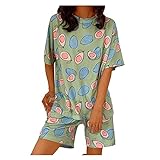 Pyjama Set Damen Sommer Einfache und Süße Drucken Lose Studentin Home Service Niedlichen Lässige Weiche Frauen Pyjamas (Color : Blue, Größe : L)