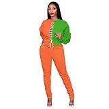 WENZHOU Freizeitanzug Sport Anzug Tracksuit Damen Stretch Jogginganzug 2-teiliges Set Sportanzug Yoga Sweat Hoodie Pants Schnür-Langarm-Oberteil, schmale Hose, lässiger Farbblock-Trainingsanzug