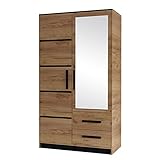 Drehtürenschrank Alekto, Kleiderschrank mit Ausziehbare Kleiderstange, Spiegel und Schubladen, Elegantes Schlafzimmer Schrank, Jugendzimmer (Eiche Craft Gold/Schwarz, Modell 103)