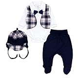 TupTam Baby Kleidung Set Body Strampelhose Mütze Bekleidungsset Jungen Mädchen, Farbe: Dunkelblau/Fliege/Kariert, Größe: 62