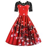 Vintage Elegante Kleider Weihnachtskleid Damen Elegant Langarm V-Ausschnitt Cocktailkleid A-Linie Swing Abendk