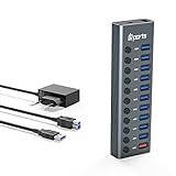 Aluminium USB Hub Active 3.0 with 48 W (12 V / 4 A) Power Supply， ,11 Port USB 3.0 Hub with Quick Charge (10 USB 3.0 Data Transfer Port, 1 Quick Charge Ports) with Single Switch(11 Ports Gray)