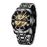 A ALPS Herren Uhren Automatikuhr Mechanische Skelett Glasboden Römische Zahlen Diamant Zifferblatt Wasserdicht Schwarz Männer Armbanduhr mit Edelstahl Armb