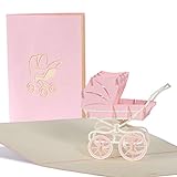 Pop Up Karte mit rosa Kinderwagen aus Papier, Glueckwunschkarte zur Geburt von Maedchen, Baby Dusche G13.3