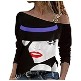 Damen One Shoulder T-Shirts Slim Fit Sexy Bluse Cold Shoulder Basic Shirt Drucken Blusen V-Ausschnitt Hemd Tops Lange Ärmel Tee All-Match Tunika Teenager M