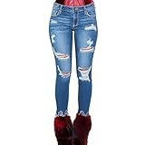 JLKC Cropped-Jeans für Damen mit Fransen und zerrissenen Kanten Stretch Denim Jeans,Blue,M
