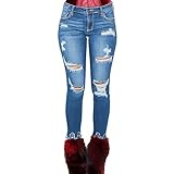 JLKC Cropped-Jeans für Damen mit Fransen und zerrissenen Kanten Stretch Denim Jeans,Blue,M