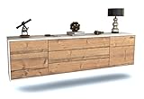 TV Schrank Lowboard hängend - Salzgitter - Korpus Weiss matt - Front Holz Design Pinie- (180x49x35cm) - Push to Open Technik & hochwertigen Leichtlaufschienen - Made in Germany