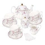 fanquare Porzellan Tee Sets, Teetasse und Untertasse Set, Tee Service für 6 Personen, Hochzeit Teekanne Zucker Schüssel Creme Krug, Blume China Kaffee Set, Rote R