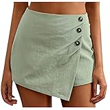 Damen Sommer Kurze Hosen Tunnelzug Elastische Stoffhose Solide Baumwolle Leinen Strand Shorts mit Taschen Grün S-XL