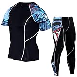 Sport Set Herren Slim Fit Schick Druck Rundhals T-Shirt/Hose Fitness Workout Bodybuilding Yoga Funktionsshirt Set Herren Lässig Stretch Sportswear H