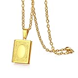 JewelryWe Schmuck Edelstahl Foto Medaillon zum Öffnen Photo Bilder Amulett Gold Quadrat Quadratisch Book Buch Anhänger Halskette Kette für Herren Damen - Kostenlose G