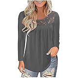 Damen-T-Shirt, Frühling, Sommer, sexy, Rundhalsausschnitt, Spitze, Splice Casual, Langarm-Tunika, Tops, einfarbig, Bluse, Damenmode, bequem, T-Shirt, lockere Hemden, grau, M