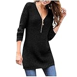 EMATOP Pullover Damen Pulloverkleid Strickkleid V-Ausschnitt Strickpullover Winter Warm Winterpullover Casual Langarm Wickelkleid Elegant Einfarbig Minikleid Sexy Partykleid Reißverschluss Jump
