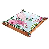 Kleine Aufbewahrungsbox,Herren-Valet-Tablett,Orchidee Phalaenopsis Blumen exotisch rosa Flamingo Vogel tropischer Regenwald-Dschungelbaum-Palme,Leder Catchall Organizer für Coin Box Key Schmuck