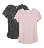 icyzone Damen 2-Pack Kurzarm Shirt Atmungsaktiv Oberteile Fitness Gym Top Casual T-Shirt (L, Black/Cameo Brown)