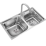 WXHXJY Küchenspüle, Top-Mount/Drop in Edelstahl-Spülbecken mit Siphons Küchenabfluss, Doppelwaschbecken, für Waschküche, Hinterhof,81x43
