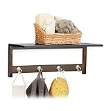 Relaxdays Wandregal mit 4 Haken, HxBxT: 17,5 x 50 x 16 cm, Bambus, Handtuchhalter, Garderobe, freischwebend, dunkelb